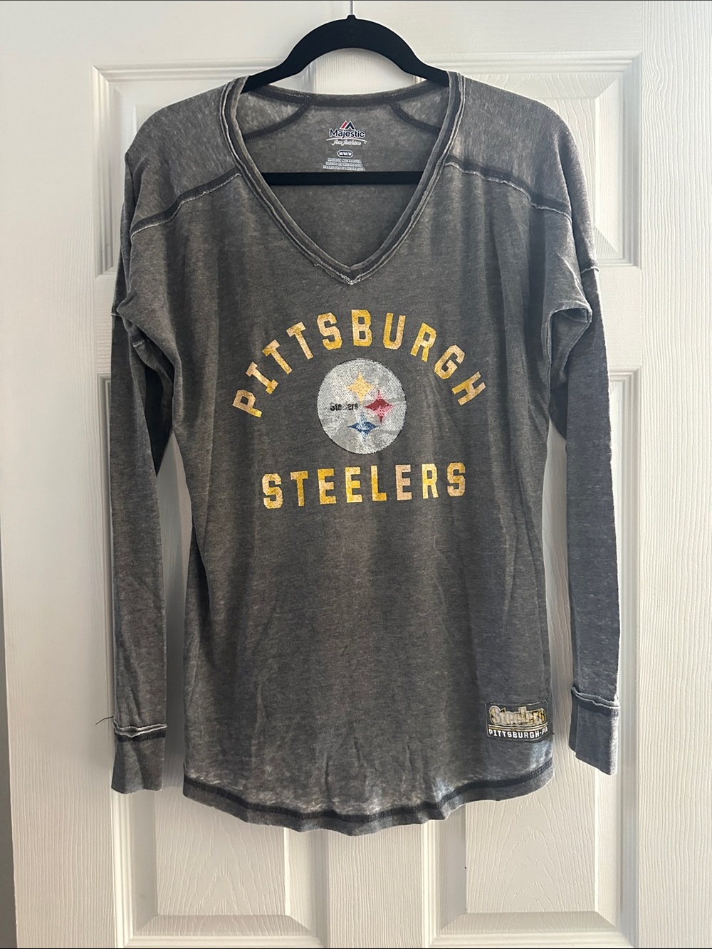Majestic Pittsburgh Steelers Charcoal Gray V-Neck Long Sleeve Tee